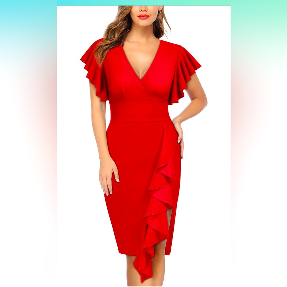 Knitee Women's Deep-V Neck Ruffle SleevesCocktail Party Pencil Slit Formal Dress